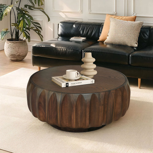 Round Solid Wood Carved Coffee Table with Elegant Sculptural Design