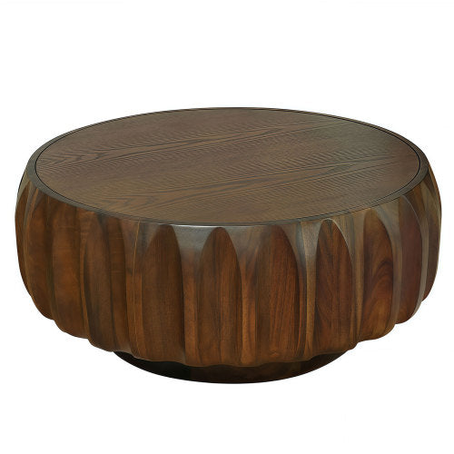 Round Solid Wood Carved Coffee Table with Elegant Sculptural Design